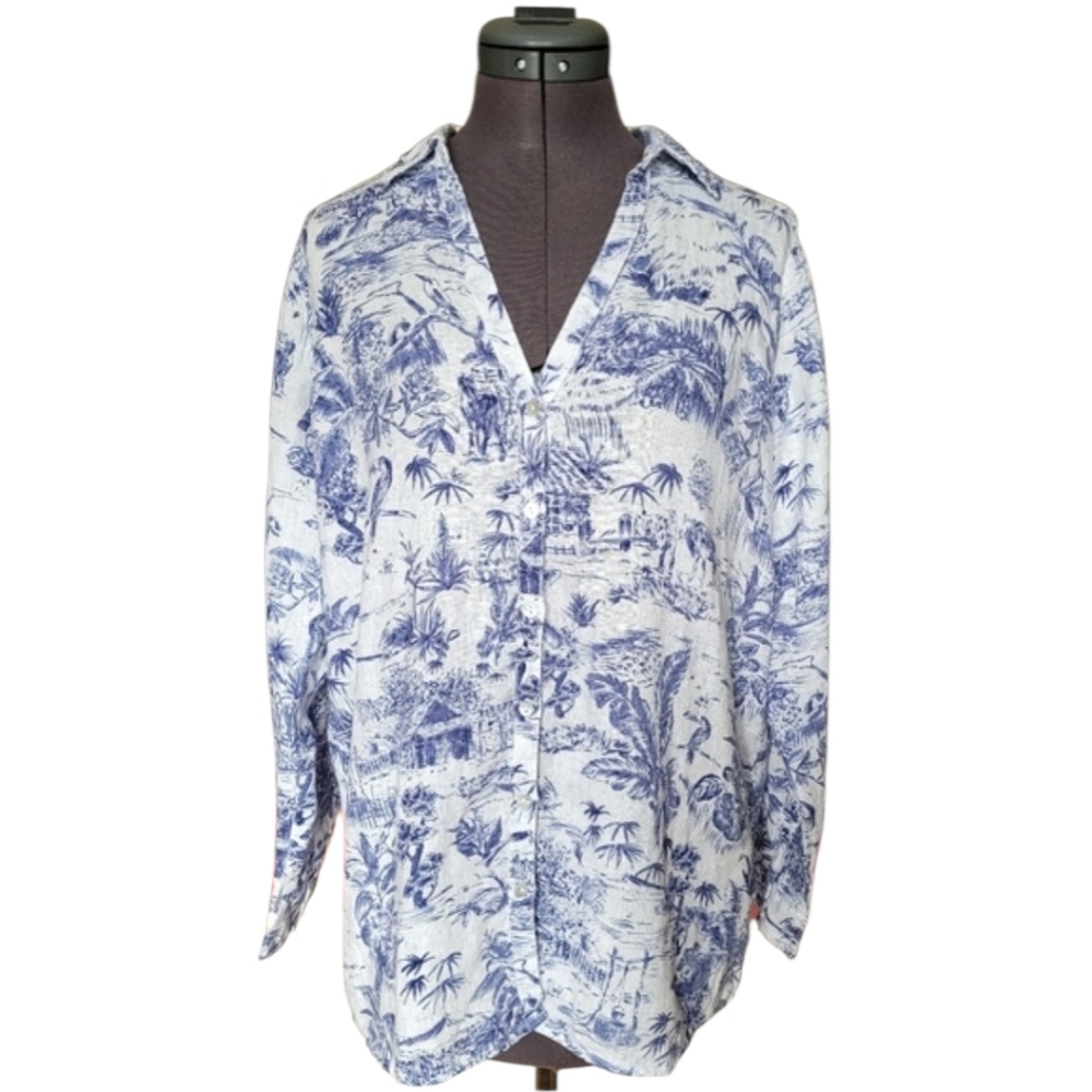 Joie 100% Linen Blue & White Toile Tropical Button Down Bird Palm Tree